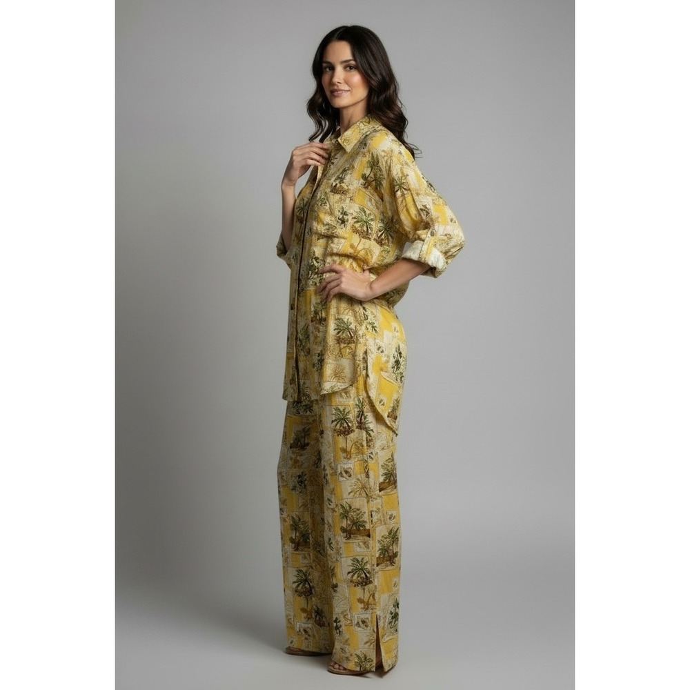 Rose And Olive Resort Wear Shirt And Pants Set Size XL Tropical Toucans Wide Leg